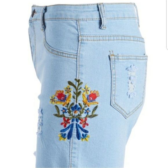 Ananda Denim Blue Distressed Embroidery Short - Picture 2 of 3